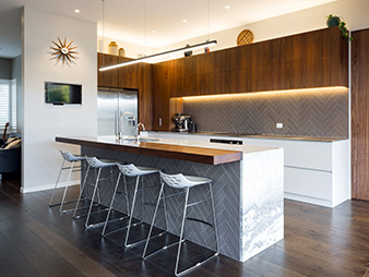 THUMB kitchen Neo Design custom Auckland modern designer herringbone tiles stainless steel walnut veneer